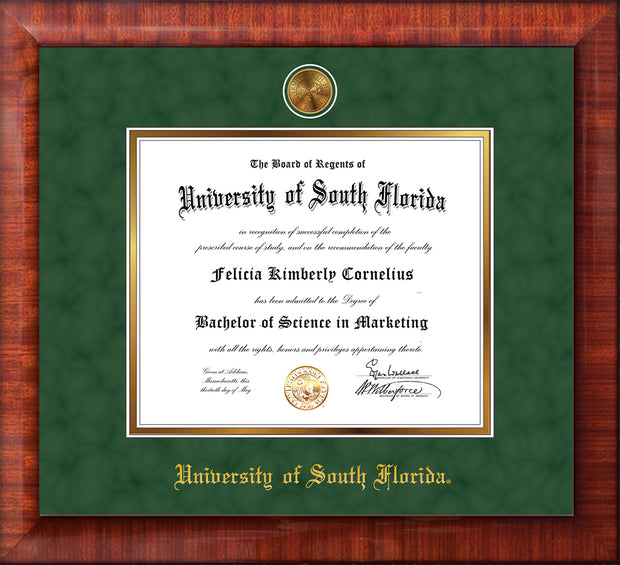 Image of University of South Florida Diploma Frame - Mezzo Gloss - w/24k Gold-Plated Medallion USF Name Embossing - Green Suede on Gold mats