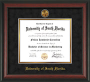 Image of University of South Florida Diploma Frame - Rosewood - w/24k Gold-Plated Medallion USF Name Embossing - Black Suede on Gold mats