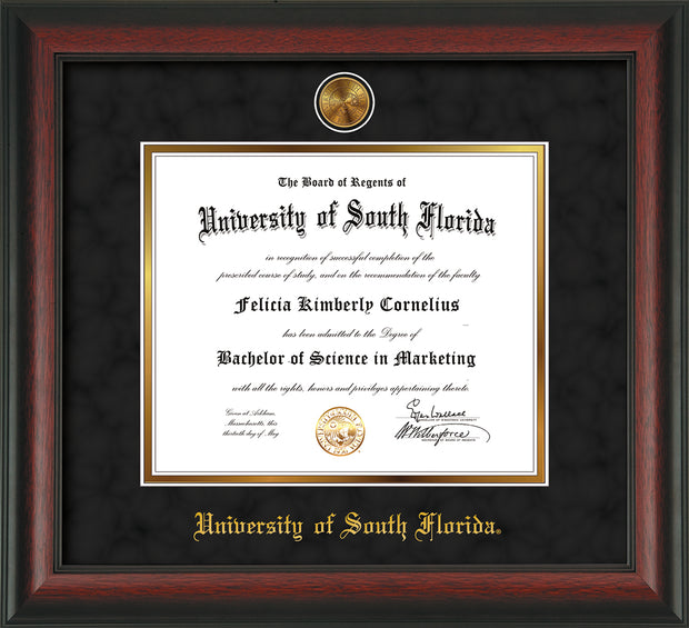 Image of University of South Florida Diploma Frame - Rosewood - w/24k Gold-Plated Medallion USF Name Embossing - Black Suede on Gold mats