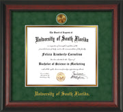 Image of University of South Florida Diploma Frame - Rosewood - w/24k Gold-Plated Medallion USF Name Embossing - Green Suede on Gold mats