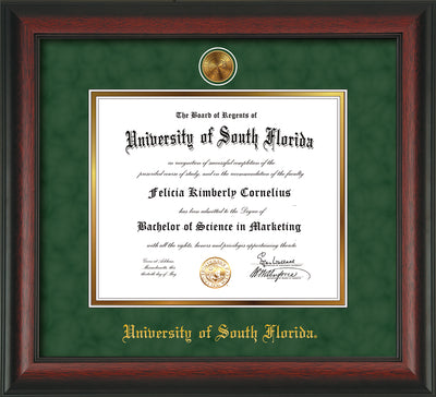 Image of University of South Florida Diploma Frame - Rosewood - w/24k Gold-Plated Medallion USF Name Embossing - Green Suede on Gold mats