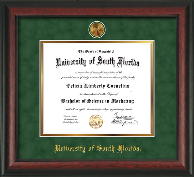 Image of University of South Florida Diploma Frame - Rosewood - w/24k Gold-Plated Medallion USF Name Embossing - Green Suede on Gold mats
