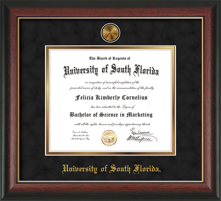 Image of University of South Florida Diploma Frame - Rosewood w/Gold Lip - w/24k Gold-Plated Medallion USF Name Embossing - Black Suede on Gold mats