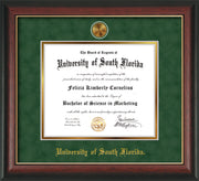 Image of University of South Florida Diploma Frame - Rosewood w/Gold Lip - w/24k Gold-Plated Medallion USF Name Embossing - Green Suede on Gold mats