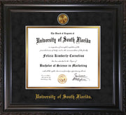 Image of University of South Florida Diploma Frame - Vintage Black Scoop - w/24k Gold-Plated Medallion USF Name Embossing - Black Suede on Gold mats