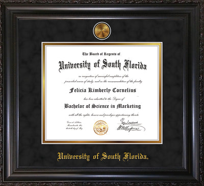 Image of University of South Florida Diploma Frame - Vintage Black Scoop - w/24k Gold-Plated Medallion USF Name Embossing - Black Suede on Gold mats