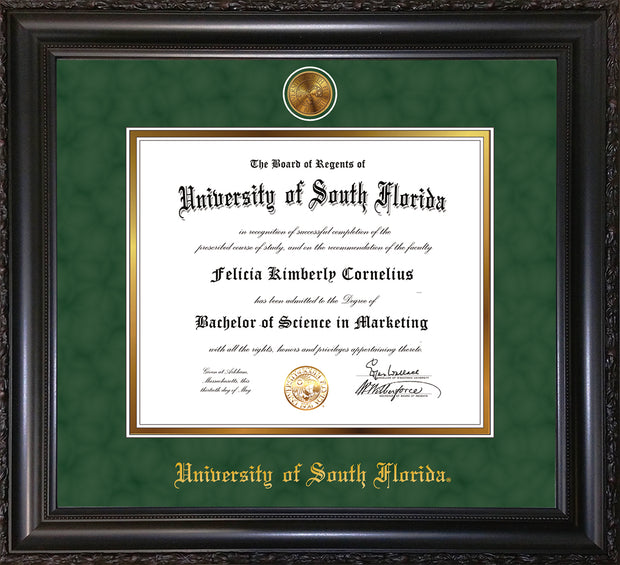 Image of University of South Florida Diploma Frame - Vintage Black Scoop - w/24k Gold-Plated Medallion USF Name Embossing - Green Suede on Gold mats