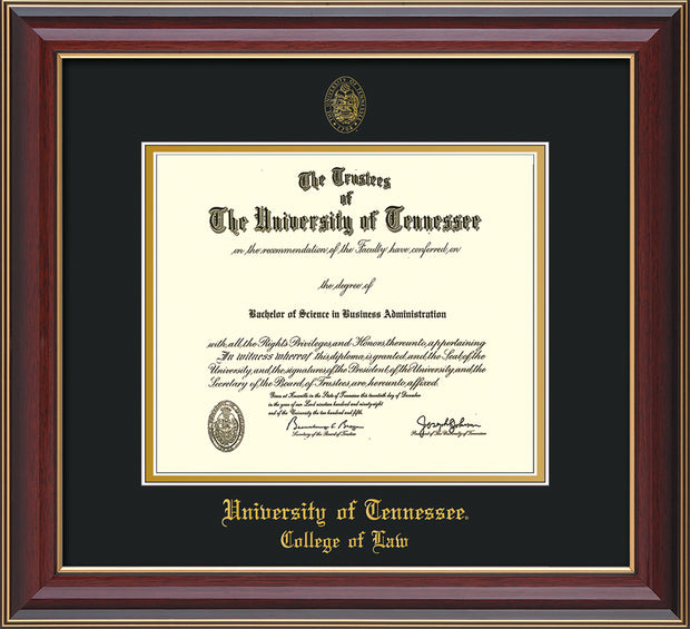 Image of University of Tennessee Diploma Frame - Cherry Lacquer - w/Embossed Seal & College of Law Name - Black on Gold Mat