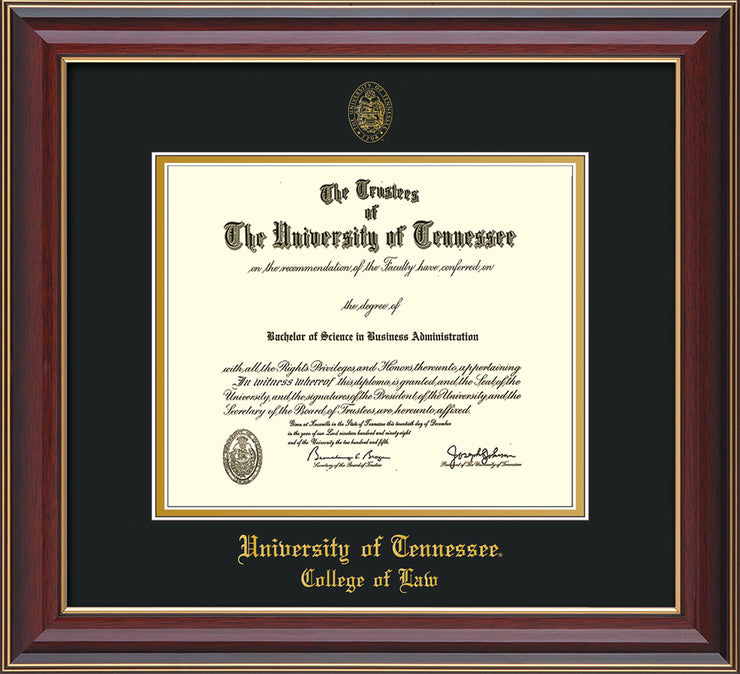 Image of University of Tennessee Diploma Frame - Cherry Lacquer - w/Embossed Seal & College of Law Name - Black on Gold Mat