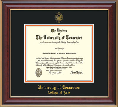 Image of University of Tennessee Diploma Frame - Cherry Lacquer - w/Embossed Seal & College of Law Name - Black on Orange Mat