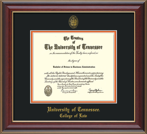 Image of University of Tennessee Diploma Frame - Cherry Lacquer - w/Embossed Seal & College of Law Name - Black on Orange Mat