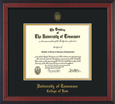 Image of University of Tennessee Diploma Frame - Cherry Reverse - w/Embossed Seal & College of Law Name - Black on Gold Mat