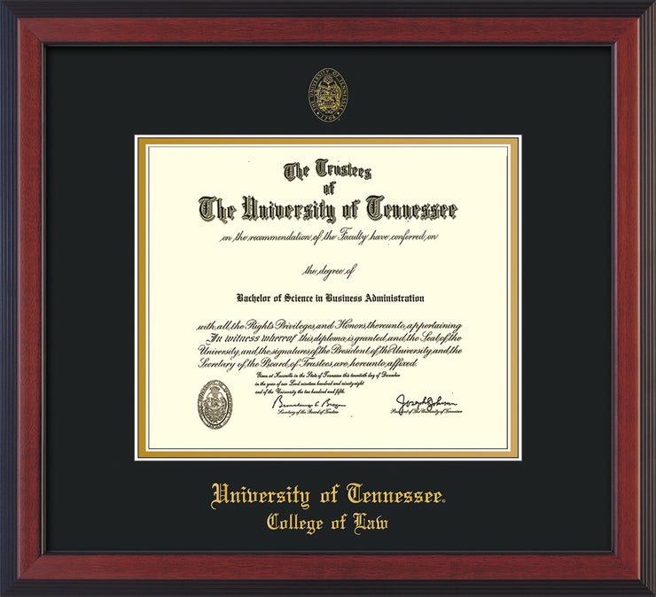 Image of University of Tennessee Diploma Frame - Cherry Reverse - w/Embossed Seal & College of Law Name - Black on Gold Mat