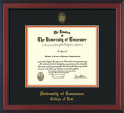 Image of University of Tennessee Diploma Frame - Cherry Reverse - w/Embossed Seal & College of Law Name - Black on Orange Mat