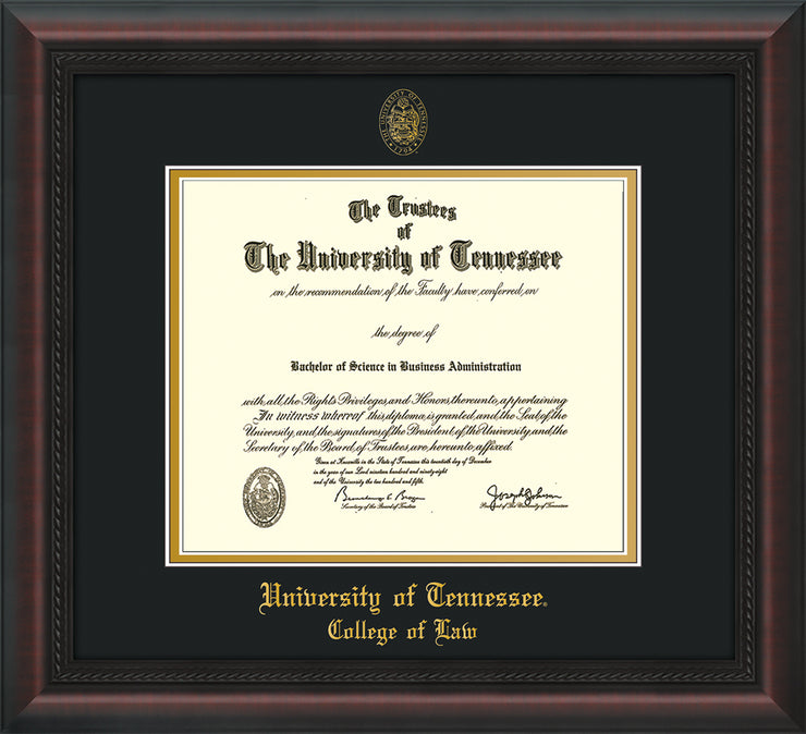 Image of University of Tennessee Diploma Frame - Mahogany Braid - w/Embossed Seal & College of Law Name - Black on Gold Mat