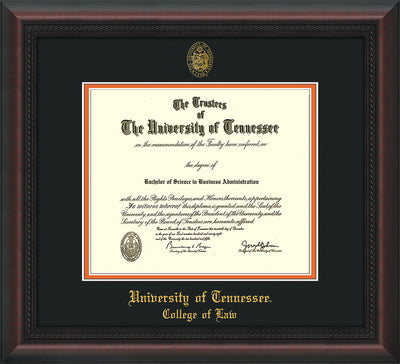 Image of University of Tennessee Diploma Frame - Mahogany Braid - w/Embossed Seal & College of Law Name - Black on Orange Mat