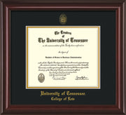 Image of University of Tennessee Diploma Frame - Mahogany Lacquer - w/Embossed Seal & College of Law Name - Black on Gold Mat
