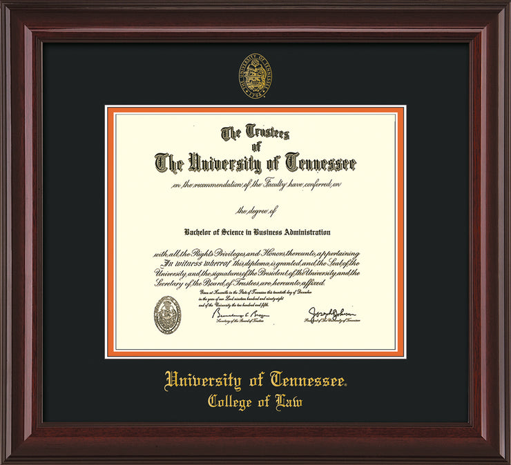 Image of University of Tennessee Diploma Frame - Mahogany Lacquer - w/Embossed Seal & College of Law Name - Black on Orange Mat