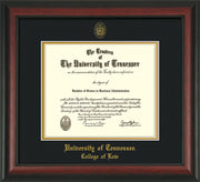 Image of University of Tennessee Diploma Frame - Rosewood - w/Embossed Seal & College of Law Name - Black on Gold Mat