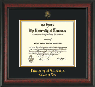 Image of University of Tennessee Diploma Frame - Rosewood - w/Embossed Seal & College of Law Name - Black on Gold Mat