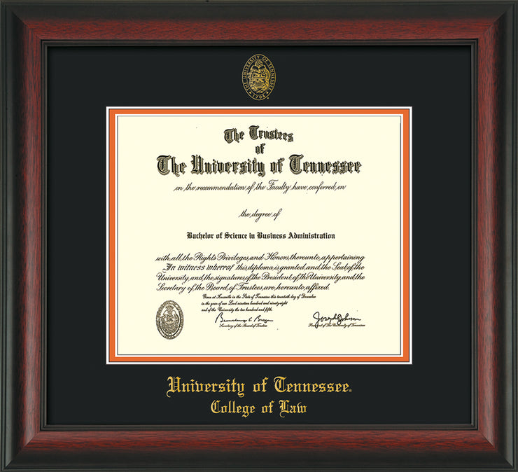 Image of University of Tennessee Diploma Frame - Rosewood - w/Embossed Seal & College of Law Name - Black on Orange Mat