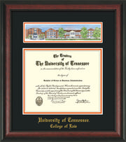 Image of University of Tennessee Diploma Frame - Rosewood - w/Embossed College of Law Name Only - Campus Collage - Black on Orange mat