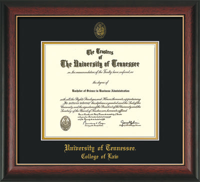 Image of University of Tennessee Diploma Frame - Rosewood w/Gold Lip - w/Embossed Seal & College of Law Name - Black on Gold Mat