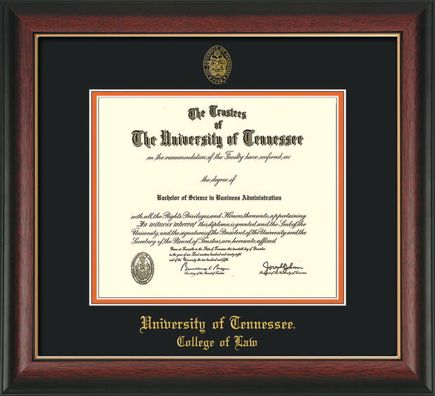 Image of University of Tennessee Diploma Frame - Rosewood w/Gold Lip - w/Embossed Seal & College of Law Name - Black on Orange Mat