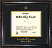 Image of University of Tennessee Diploma Frame - Vintage Black Scoop - w/Embossed Seal & College of Law Name - Black on Gold Mat