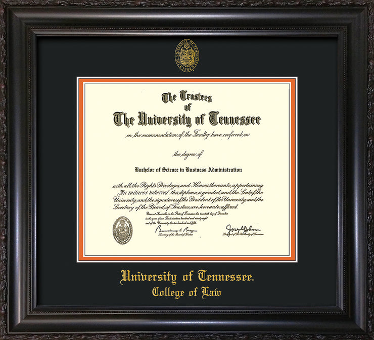 Image of University of Tennessee Diploma Frame - Vintage Black Scoop - w/Embossed Seal & College of Law Name - Black on Orange Mat