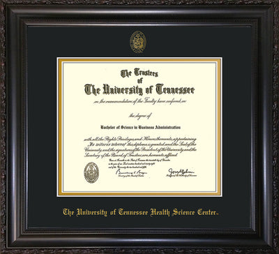 Image of University of Tennessee Health Science Center Diploma Frame - Vintage Black Scoop - w/UT Embossed Seal & UTHSC Name - Black on Gold Mat