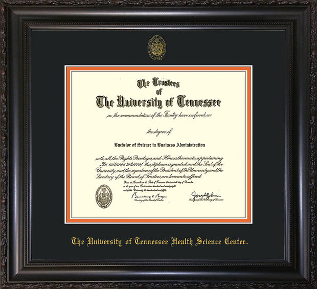 Image of University of Tennessee Health Science Center Diploma Frame - Vintage Black Scoop - w/UT Embossed Seal & UTHSC Name - Black on Orange Mat