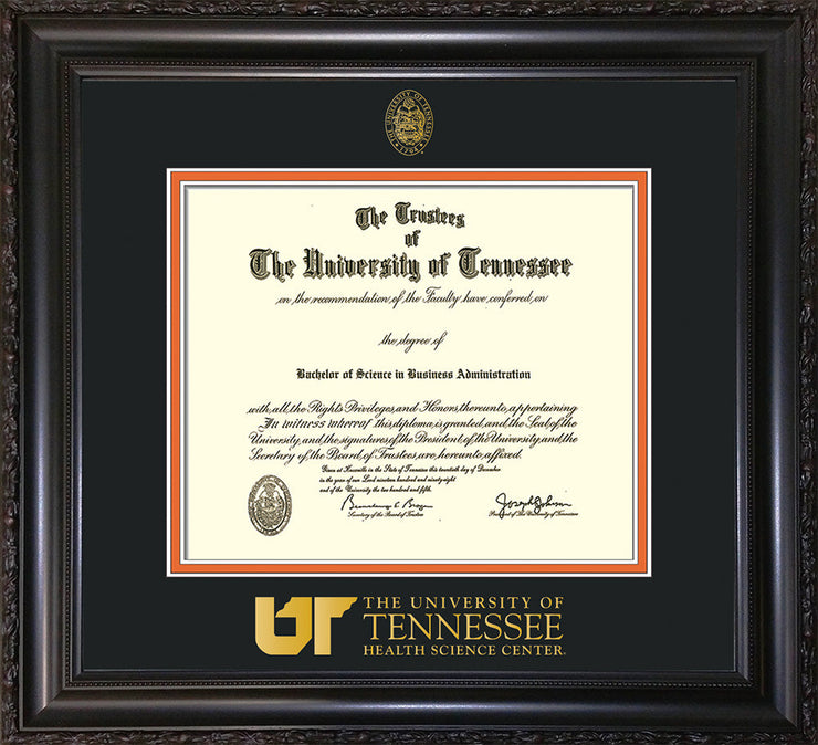 Image of University of Tennessee Health Science Center Diploma Frame - Vintage Black Scoop - w/UT Embossed Seal & UTHSC Wordmark - Black on Orange Mat