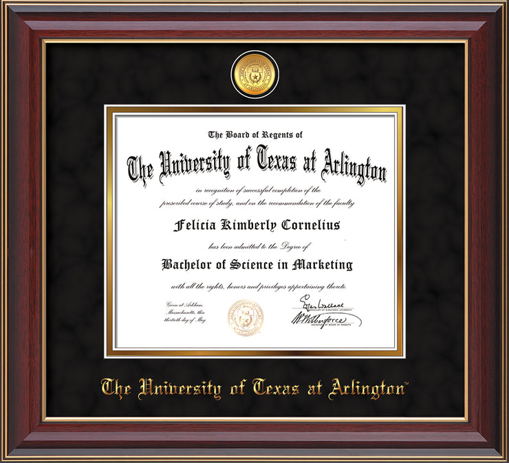 Image of University of Texas - Arlington Diploma Frame - Cherry Lacquer - w/24k Gold-Plated Medallion UTA Name Embossing - Black Suede on Gold mats