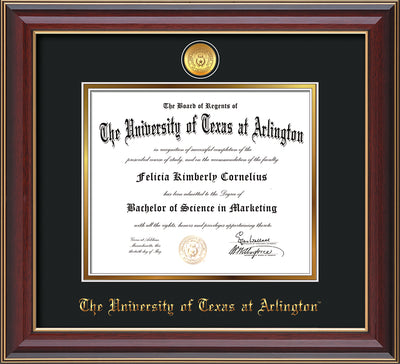 Image of University of Texas - Arlington Diploma Frame - Cherry Lacquer - w/24k Gold-Plated Medallion UTA Name Embossing - Black on Gold mats