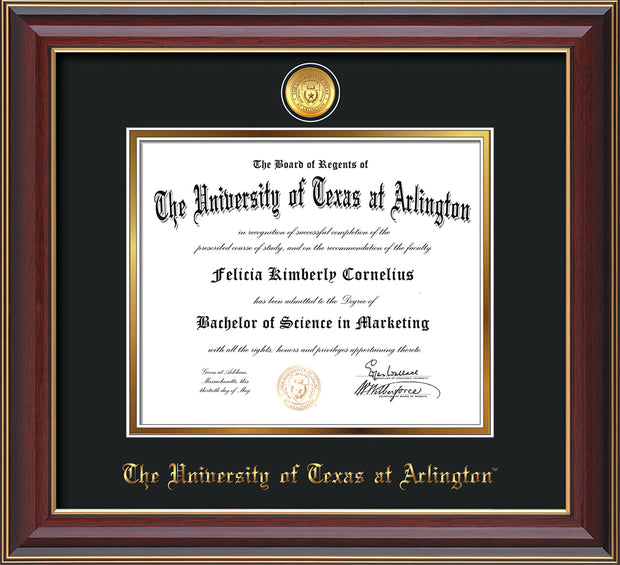 Image of University of Texas - Arlington Diploma Frame - Cherry Lacquer - w/24k Gold-Plated Medallion UTA Name Embossing - Black on Gold mats
