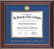Image of University of Texas - Arlington Diploma Frame - Cherry Lacquer - w/24k Gold-Plated Medallion UTA Name Embossing - Royal Blue Suede on Gold mats