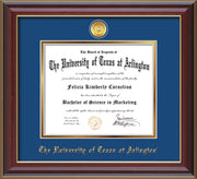 Image of University of Texas - Arlington Diploma Frame - Cherry Lacquer - w/24k Gold-Plated Medallion UTA Name Embossing - Royal Blue on Gold mats