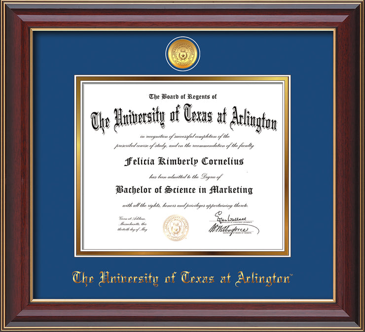Image of University of Texas - Arlington Diploma Frame - Cherry Lacquer - w/24k Gold-Plated Medallion UTA Name Embossing - Royal Blue on Gold mats