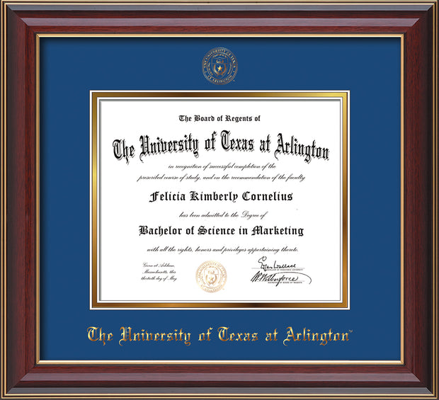 Image of University of Texas - Arlington Diploma Frame - Cherry Lacquer - w/Embossed Seal & Name - Royal Blue on Gold mat