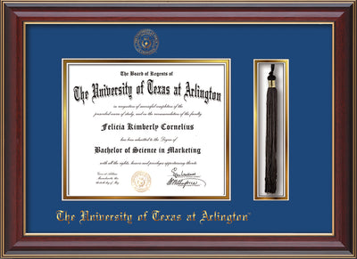 Image of University of Texas - Arlington Diploma Frame - Cherry Lacquer - w/Embossed Seal & Name - Tassel Holder - Royal Blue on Gold mat