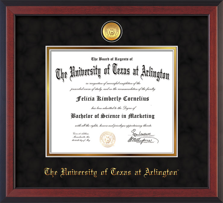 Image of University of Texas - Arlington Diploma Frame - Cherry Reverse - w/24k Gold-Plated Medallion UTA Name Embossing - Black Suede on Gold mats