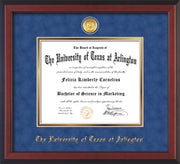 Image of University of Texas - Arlington Diploma Frame - Cherry Reverse - w/24k Gold-Plated Medallion UTA Name Embossing - Royal Blue Suede on Gold mats