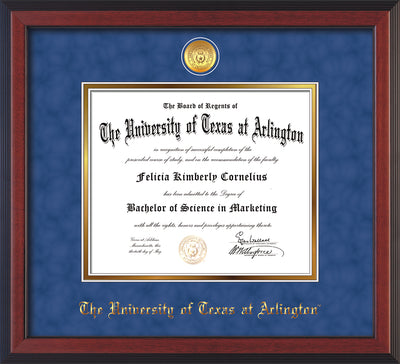 Image of University of Texas - Arlington Diploma Frame - Cherry Reverse - w/24k Gold-Plated Medallion UTA Name Embossing - Royal Blue Suede on Gold mats