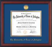 Image of University of Texas - Arlington Diploma Frame - Cherry Reverse - w/24k Gold-Plated Medallion UTA Name Embossing - Royal Blue on Gold mats