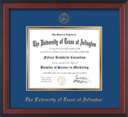 Image of University of Texas - Arlington Diploma Frame - Cherry Reverse - w/Embossed Seal & Name - Royal Blue on Gold mat