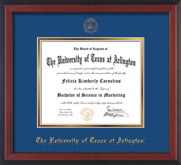Image of University of Texas - Arlington Diploma Frame - Cherry Reverse - w/Embossed Seal & Name - Royal Blue on Gold mat