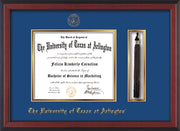 Image of University of Texas - Arlington Diploma Frame - Cherry Reverse - w/Embossed Seal & Name - Tassel Holder - Royal Blue on Gold mat