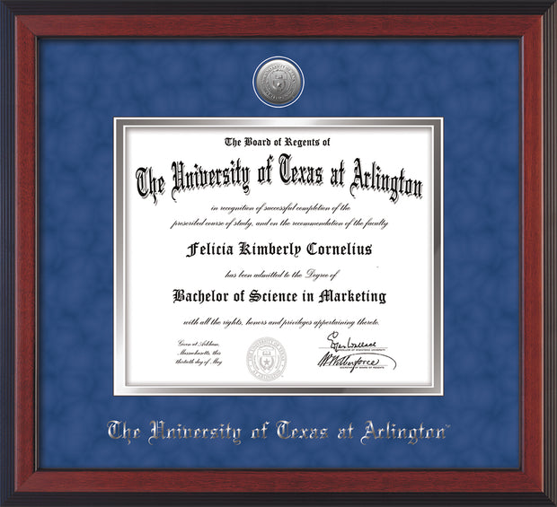 Image of University of Texas - Arlington Diploma Frame - Cherry Reverse - w/Silver-Plated Medallion UTA Name Embossing - Royal Blue Suede on Silver mats