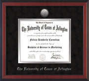 Image of University of Texas - Arlington Diploma Frame - Cherry Reverse - w/Silver-Plated Medallion UTA Name Embossing - Black Suede on Silver mats